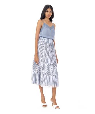 Blue A-Line Midi Skirt with Lace Trims 3