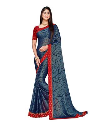 Blue printed chiffon saree with blouse 1