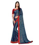Blue printed chiffon saree with blouse