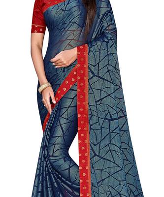 Blue printed chiffon saree with blouse 4