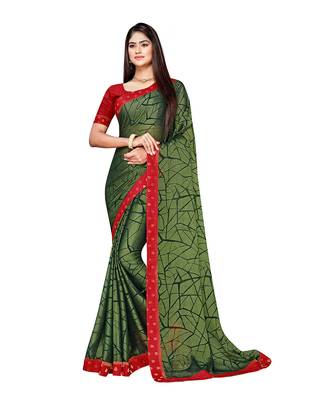Olive printed chiffon saree with blouse 1