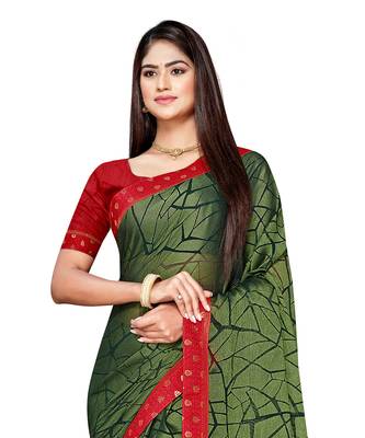 Olive printed chiffon saree with blouse 2