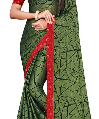 Olive printed chiffon saree with blouse 4