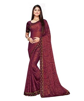 Wine printed chiffon saree with blouse 1