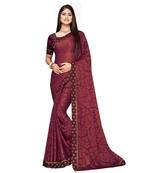 Wine printed chiffon saree with blouse
