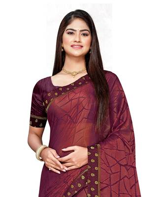 Wine printed chiffon saree with blouse 2