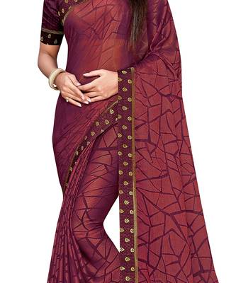 Wine printed chiffon saree with blouse 4