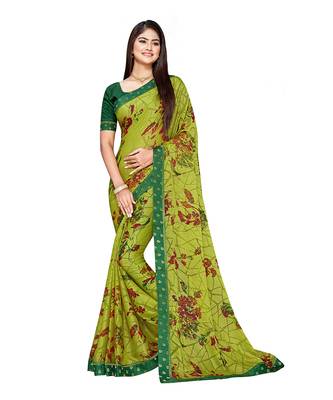 Lime printed chiffon saree with blouse 1