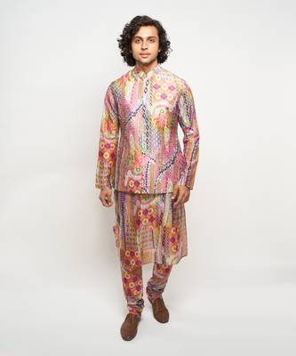 Multicolor printed dupion silk kurta-pajama 1