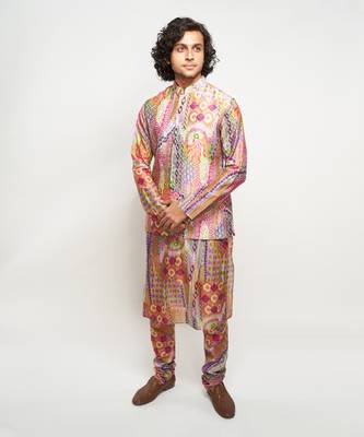 Multicolor printed dupion silk kurta-pajama 2