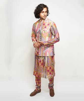 Multicolor printed dupion silk kurta-pajama 3