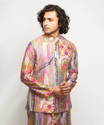 Multicolor printed dupion silk kurta-pajama 4