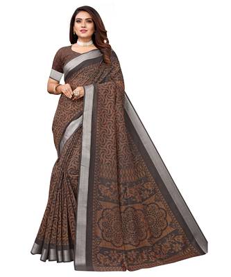 Brown printed linen saree with blouse 1