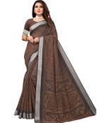 Brown printed linen saree with blouse