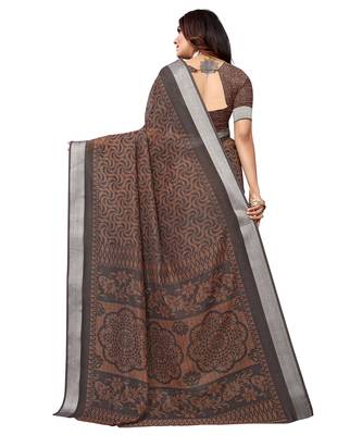 Brown printed linen saree with blouse 2