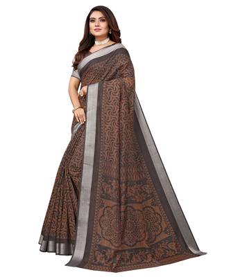 Brown printed linen saree with blouse 3