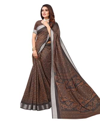 Brown printed linen saree with blouse 4