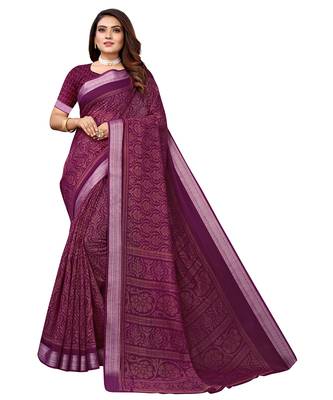 Purple printed linen saree with blouse 1