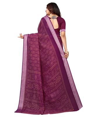 Purple printed linen saree with blouse 2