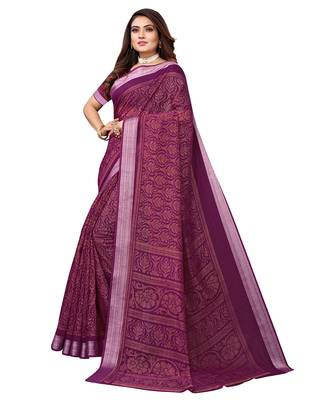 Purple printed linen saree with blouse 3