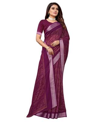 Purple printed linen saree with blouse 4