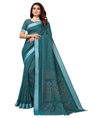 Green printed linen saree with blouse 1