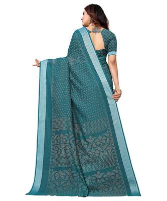 Green printed linen saree with blouse 2