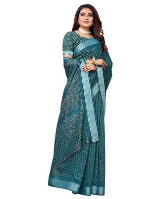 Green printed linen saree with blouse 3