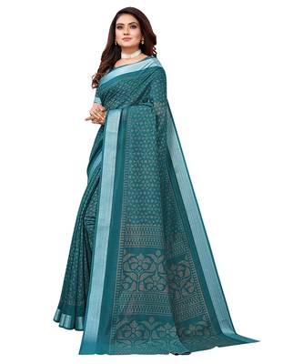 Green printed linen saree with blouse 4