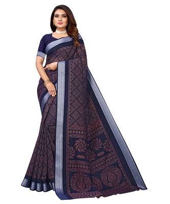 Blue printed linen saree with blouse 1