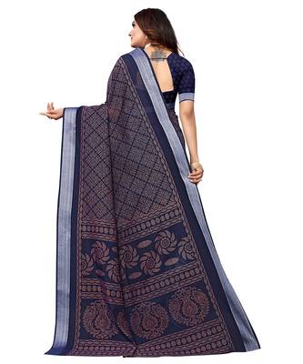 Blue printed linen saree with blouse 2