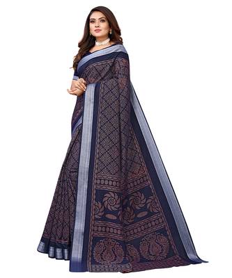 Blue printed linen saree with blouse 3