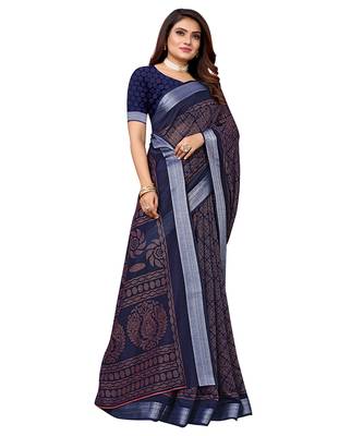 Blue printed linen saree with blouse 4