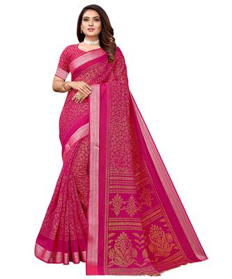 Pink printed linen saree with blouse 1
