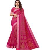 Pink printed linen saree with blouse