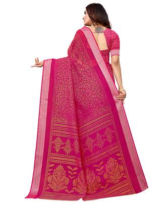 Pink printed linen saree with blouse 2