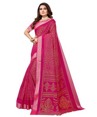 Pink printed linen saree with blouse 3