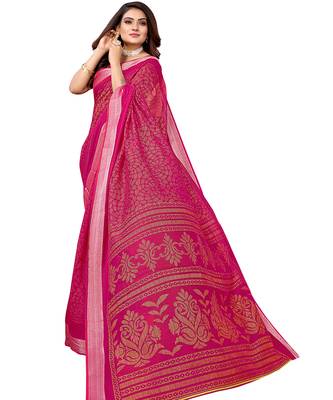 Pink printed linen saree with blouse 4