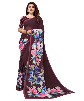 Brown printed georgette saree with blouse 1