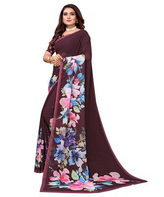 Brown printed georgette saree with blouse 3