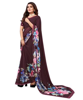 Brown printed georgette saree with blouse 4