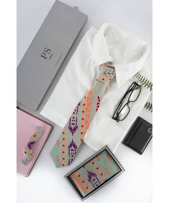 PS Men by Payal Singhal Grey Ikat Stripe Print Crepe Tie 1