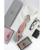 PS Men Grey Ikat Stripe Print Crepe Tie with Matching Moustache Pin/Broach and Silkmul Pocket Square (Set of 3)