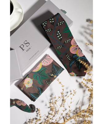 PS Men Brown Abutilon Print Crepe Tie with Matching Moustache Pin/Broach and Silkmul Pocket Square (Set of 3) 1