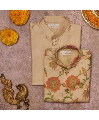 Moonga Silk Embroidered Jacket With Matching Kurta Pajama Set 1