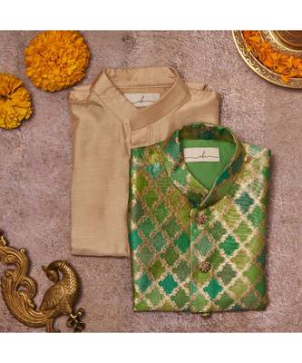 Zari Handloom Chanderi Jacket And Beige Kurta Pajama Set 1