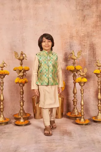 Zari Handloom Chanderi Jacket And Beige Kurta Pajama Set