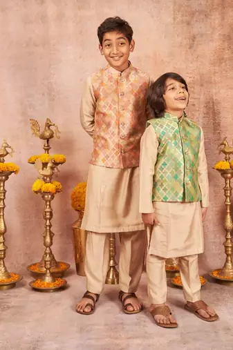Zari Handloom Chanderi Jacket And Beige Kurta Pajama Set