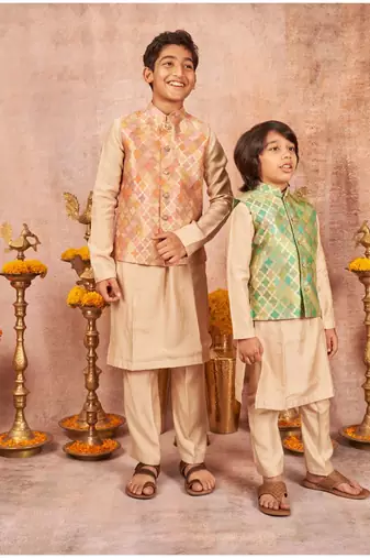 Zari Handloom Chanderi Jacket And Beige Kurta Pajama Set