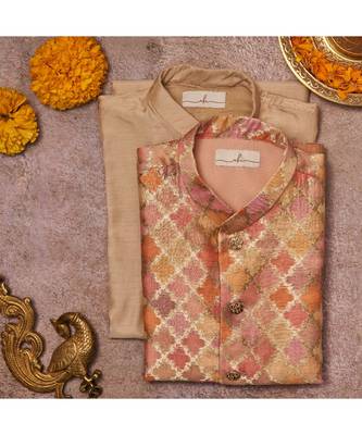 Zari Handloom Chanderi Jacket And Beige Kurta Pajama Set 1